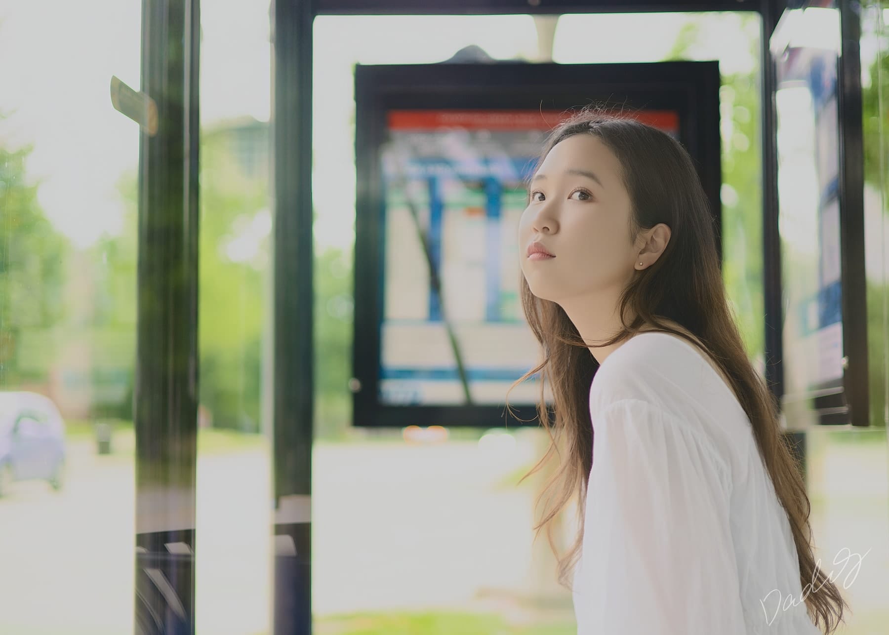 Looking up beside a bus shelter